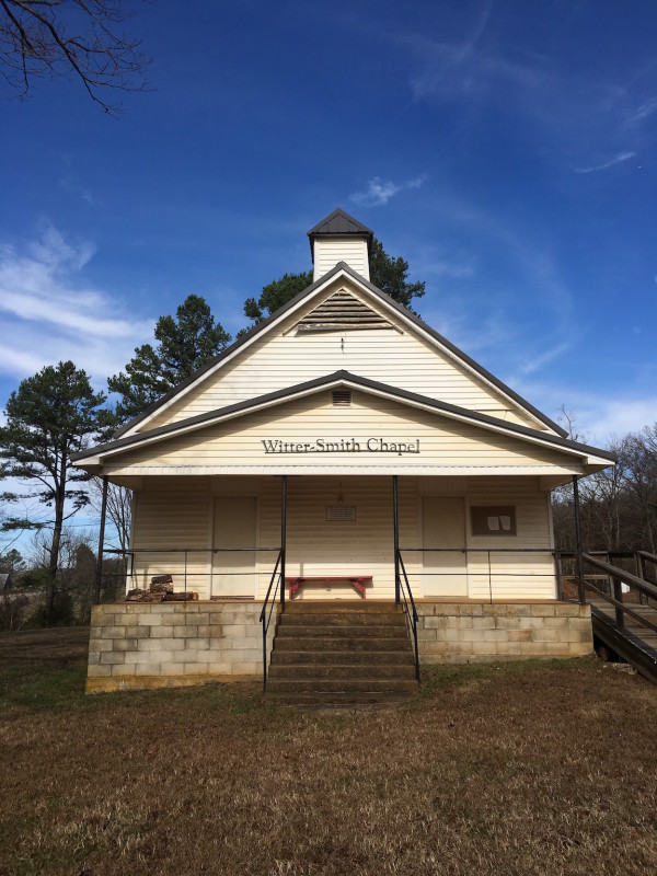 The Witter-Smith Chapel, adjacent to a geocache-hiding cemetery in rural Arkansas.
